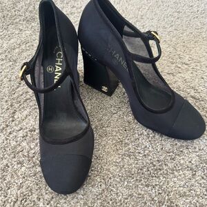 CHANEL Black Mesh Heels with Pearl Detail